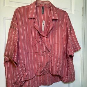 Anthropologie Oversized Striped Cropped Coral & White Blouse NWT Medium SS Boho